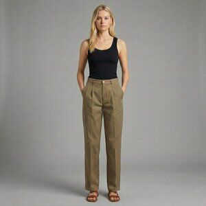 Vintage High-Waisted Cotton Olive Brown Trousers Size 32 Straight Leg